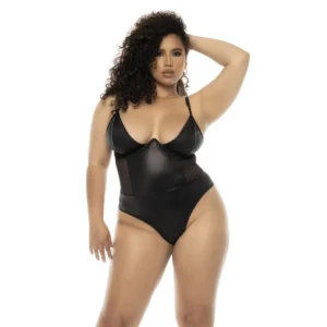 bodystring Bibi tamanho grande efeito couro tule transparente copas aramadas sustentação alças ajustáveis fecho virilha lingerie Mapalé sensual elegante sofisticado