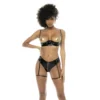 Conjunto de 2 peças, em vinil e rede preta, sutiã seios nus e tanga com zíper funcional - MAL2756GLBK