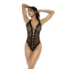 body preto vinil tule transparente laço frontal ilhós níquel provocante colarinho decote laterais ajustáveis fecho ajustável virilha sensualidade