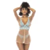 camisola azul suave romântica versátil conjunto duas peças renda tule transparente sutiã costas nuas alças ajustáveis tanga saia removível
