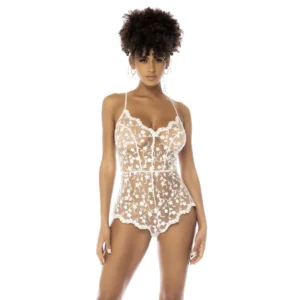 body branco transparente celina renda bordada floral delicado macacão alças ajustáveis semiajustada elegante noiva sensual algodão poliamida