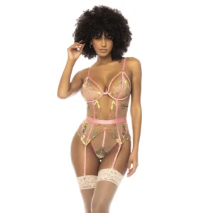 corpete renda bordada floral rosa delicado armação sustentação alças ajustáveis ligas removíveis fecho pressão virilha Mapalé lingerie sensual elegante