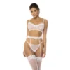 conjunto lingerie três peças branco transparente malha fina sutiã alçasajustáveis cinta liga plumas brancas tanga combinando