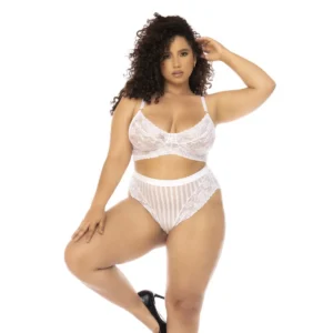 Conjunto Lingerie Branco Tamanho Grande Sutiã Calcinha Cintura Alta Renda Floral Rede Listrada Alças Ajustáveis Poliamida Elastano