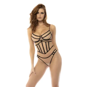 Conjunto 3 peças preto e bege, em fina rede, sutiã com aros, cinta-liga e tanga combinando - MAL8848NUBK