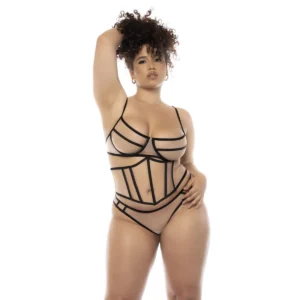 Conjunto lingerie Mapalé três peças tamanho grande sutiã aro alças ajustáveis espartilho tanga fina malha transparente
