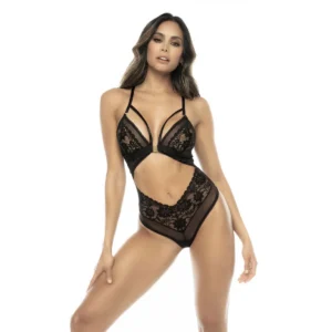 Body Bailey em rede e renda, destacável na frente, alças ajustáveis, laço nas costas - MAL8859BLK