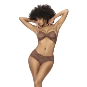 conjunto lingerie renda cacau top franzido frontal tanga franzida laterais coleção Mapalé poliamida elastano toque macio ajuste confortável