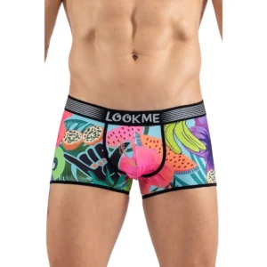 boxer estampado colorido Sweetie Lookme cós largo elástico logotipo confortável frutas exóticas flores multicoloridas poliéster elastano