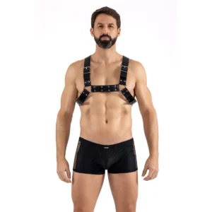 arnês masculino couro sintético tiras cruzadas costas anéis metálicos quatro rebites planos ajuste traseiro realce peitorais