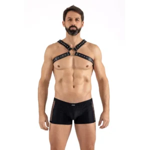 arnês masculino couro sintético alças largas ombros duplas cruzadas costas anel metálico fivela ajustável ousado resistente rebites metal PVC