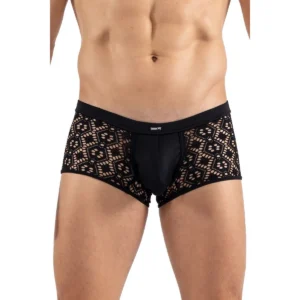 Boxer preto malha bordada formas assimétricas tecido flexível confortável sensual masculino viril LOOKME Shinny poliamida elastano ajuste anatômico cintura baixa