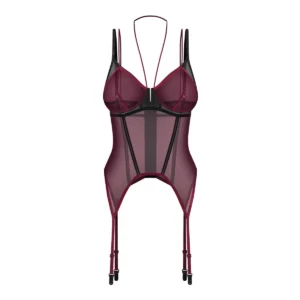 corset Parisel sofisticado sensual ajustável transparente bordô preto contrastante armação copas alças reguláveis fecho costas sem níquel hipoalergênico ligas integradas