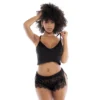 Pijama duas peças top preto opaco costas renda alças ajustáveis short laterais abertas lavagem manual poliéster elastano poliamida