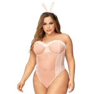 fantasia coelho sexy tamanho grande body sem alças armação plumas decote amarração costas fecho ajustável virilha tiara poliamida elastano lavável