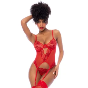 conjunto lingerie vermelho bordado lantejoulas bustiê estruturado armação costas laços alças ajustáveis tanga combinando renda poliamida elastano sensual elegante sofisticado