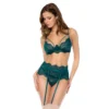 conjunto três peças renda cílios sutiã aro alças ajustáveis cinto ligas tanga combinando verde esmeralda poliamida elastano