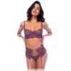 Conjunto três peças lingerie amora bordado malha sutiã aro alças ajustáveis fecho traseiro ajustável cinto ligas tanga combinando sensual