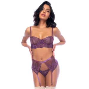 Conjunto três peças lingerie amora bordado malha sutiã aro alças ajustáveis fecho traseiro ajustável cinto ligas tanga combinando sensual