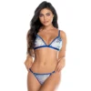 Conjunto lingerie feminino azul bordado lantejoulas cetim brilhante malha sutiã alças ajustáveis tanga ajustável confortável elegante sensual lavável