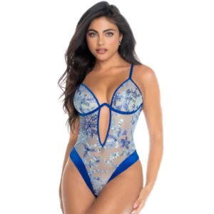 body string azul delicado feminino malha bordada lantejoulas cetim armação alças ajustáveis corte brasileiro fecho virilha poliéster elastano