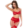 conjunto três peças renda vermelha sutiã aros alças ajustáveis cinto ligas costas laço tiras ajustáveis tanga combinando sensual
