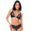 conjunto lingerie azul noite renda ondulada sutiã fecho anel dourado frente alças ajustáveis calcinha fechamento costas