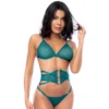 conjunto três peças malha bolinhas verde sutiã alças ajustáveis tanga ajustável espartilho estruturado ganchos frontais cintura marcada poliamida elastano