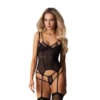 corset preto transparente tule copas duplas renda desossamento vertical armação cintura acentuada fecho ajustável alças reguláveis decoração prateada gravação sutil