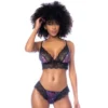 conjunto duas peças malha estampada floral preto violeta renda cílios bordas sutiã alças ajustáveis tanga laços costas poliamida elastano confortável