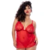 camisola curta tamanho grande vermelha renda cílios malha elástica contrastante alças ajustáveis tanga ajustável silhueta ampla poliamida elastano romântica sensual