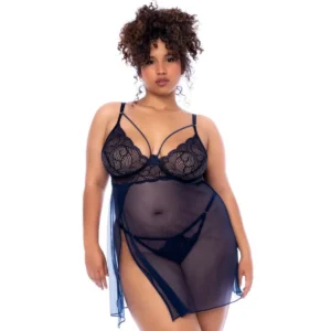 camisola noite tamanho grande transparente renda moderna orgânica armações fenda lateral alças ajustáveis tanga combinando regulável silhueta solta azul marinho