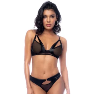 conjunto duas peças malha transparente tecido efeito molhado sutiã meia taça aberta alças ajustáveis calcinha costas abertas poliamida elastano sensual