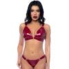Conjunto vinil bordô duas peças sutiã anéis tanga combinando brilho ajustável sensual poliéster poliuretano elastano acabamento