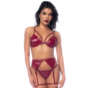 conjunto três peças vinil bordô clássico reinventado sutiã alças ajustáveis porta ligas tanga sensual brilho poliéster poliuretano elastano