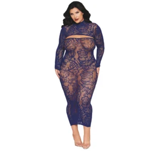 Conjunto duas peças grande top mangas compridas vestido azul marinho fixado fecho axila sem fio dental nylon spandex