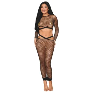 conjunto duas peças malha larga rede top mangas compridas saia longa preta nylon spandex sensual praia sem fio dental