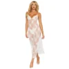 camisola longa branca renda floral alças corrente dourada pérolas ajustáveis tanga combinando incluída material nylon leve transparente sensual elegante