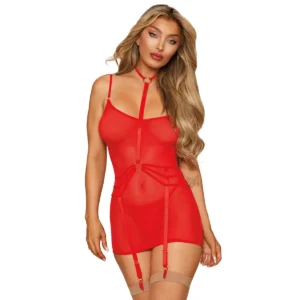 conjunto lingerie vermelho camisola aberta costas arnês pescoço ligas ajustáveis tanga combinando meias excluídas alças reguláveis poliéster elastano sensual confortável