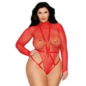 conjunto duas peças tamanho grande bodystring rede vermelho mangas compridas arnês independentes nylon elastano sensual ajustável