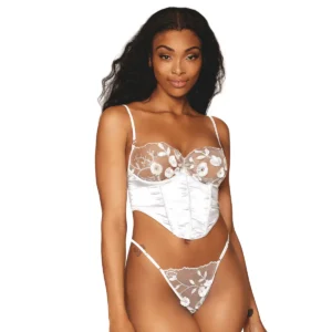 corpete branco cetim renda floral barbatanas armações ventrais alças ajustáveis fecho costas colchetes fio dental ajustável poliéster elastano sensual elegante