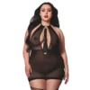 camisola tamanho grande preta transparente ligas integradas chicote removível amarras costas pescoço laços reguláveis renda poliéster elastano sensual