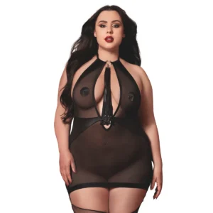 camisola tamanho grande preta transparente ligas integradas chicote removível amarras costas pescoço laços reguláveis renda poliéster elastano sensual