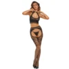 conjunto duas peças malha fantasia preta top meia calça arrastão efeito cinta liga sem tanga nylon elastano