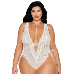 Conjunto duas peças tamanho grande bodystring renda branco alças ajustáveis colar corrente pérolas brancas coração destacável nylon elastano