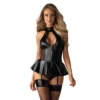 corpete cinta liga preto malha transparente sensual folhos recortes courino decote vazado laço costas fecho ligas ajustáveis calcinha incluída