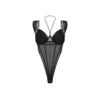 body preto malha elástica costuras decorativas copas acolchoadas alças ajustáveis gola tira pescoço design esguio alonga pernas revela quadris
