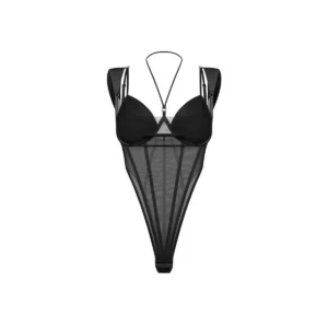 body preto malha elástica costuras decorativas copas acolchoadas alças ajustáveis gola tira pescoço design esguio alonga pernas revela quadris