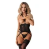 espartilho Alliane preto rendado sensual tanga aberta malha delicada barbatanas verticais ajustáveis laços traseiros decote adornado anéis antialérgicos modelador
