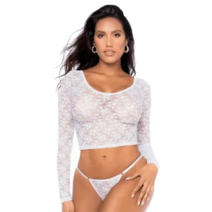 conjunto top cropped tanga renda floral branca transparente mangas compridas elástica delicada sensual versátil elegante noite refinada moda chique